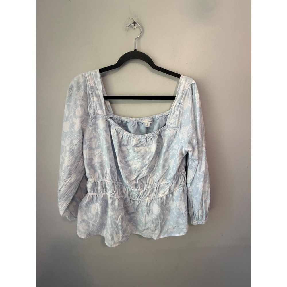 Free Assembly Womens Blue Floral Square Neck Peplum Blouse Top L FAWWT00249SP23A